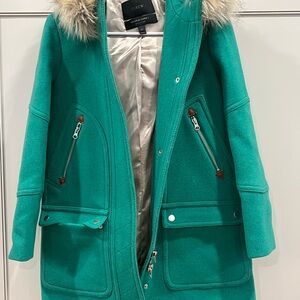 J. Crew Women's Green Parka Coat with Removable Faux Fur Trim - 2 Petite